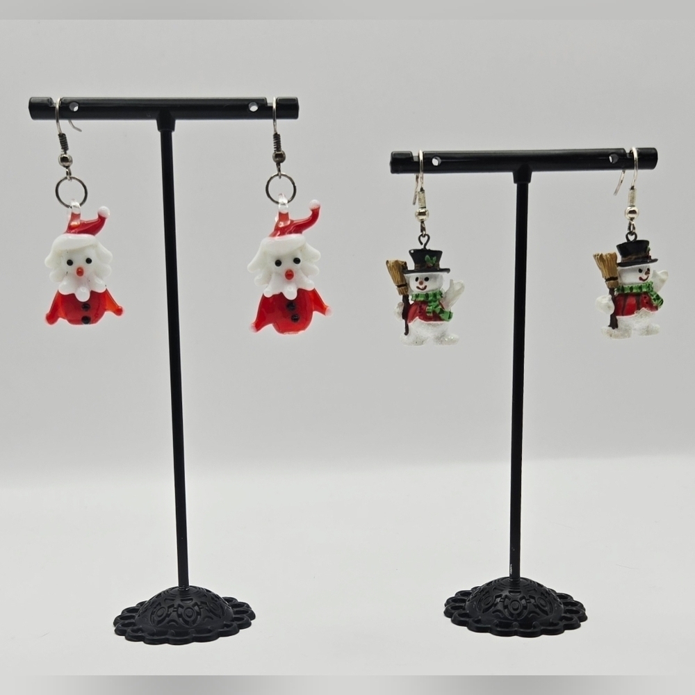 Set of 2 Santa Snowman Christmas Dangle Earrings Holiday Novelty Jewelry